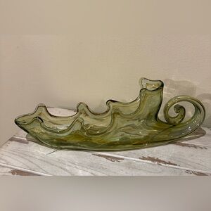 Elegant Olive Handblown Glass Art Sculpture MCM Cornucopia Swirl Tail Bowl Dish*